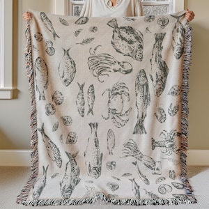 Coastal Beach Blanket, Grandma Vintage Tin Fish Coastal Soft Girl Style, Mermaidcore Oceancore Sardines Fish, Coastal Summer Picnic Blanket