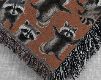 Feral Raccoon Fall Woven Blanket, Cute Cozy Autumn Throw Blanket For Halloween, Cottagecore Fall Vibes Throw, Blanket for Movie Night