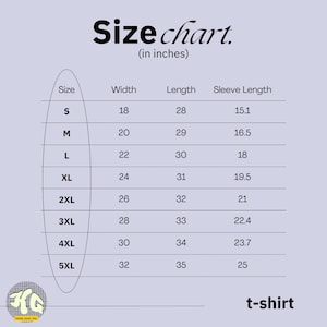 May include: A size chart for a t-shirt, with measurements in inches. The chart includes sizes S through 5XL, detailing width, length, and sleeve length for each size. The text "Size chart" is at the top.