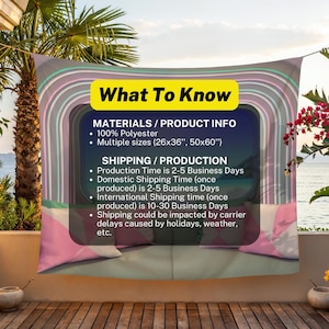 May include: A rectangular polyester wall tapestry featuring a graphic of a window looking out onto a beach scene with pink pillows in the foreground. The design includes a yellow banner with the text What To Know and lists material details.