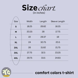 May include: Size chart for a t-shirt in sizes S through 4XL. The chart shows the width, length, and sleeve length in inches.