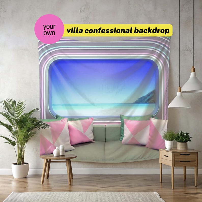 May include: A rectangular wall tapestry featuring a printed view of a blue ocean and sky through a rounded window frame, surrounded by concentric stripes in shades of gray, pink, and white, with the text "your own villa confessional backdrop".