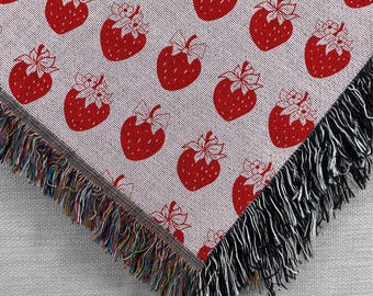 Strawberry Coquette Blanket, Cottagecore Woven Throw Blanket, Cute Room Decor, Soft Girl Coquette Gift, Berries Tapestry, Granny Blanket