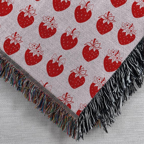 Strawberry Coquette Blanket, Cottagecore Woven Throw Blanket, Cute Room Decor, Soft Girl Coquette Gift, Berries Tapestry, Granny Blanket