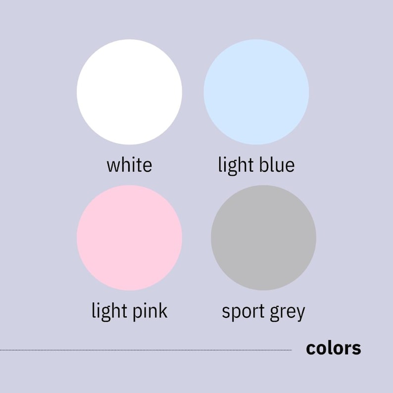 Op de afbeelding: Vier kleurstalen: wit, lichtblauw, lichtroze en sportgrijs. De kleuren worden weergegeven in cirkels met de naam van de kleur onder elke cirkel. De tekst "kleuren" staat onder de kleurstalen.
