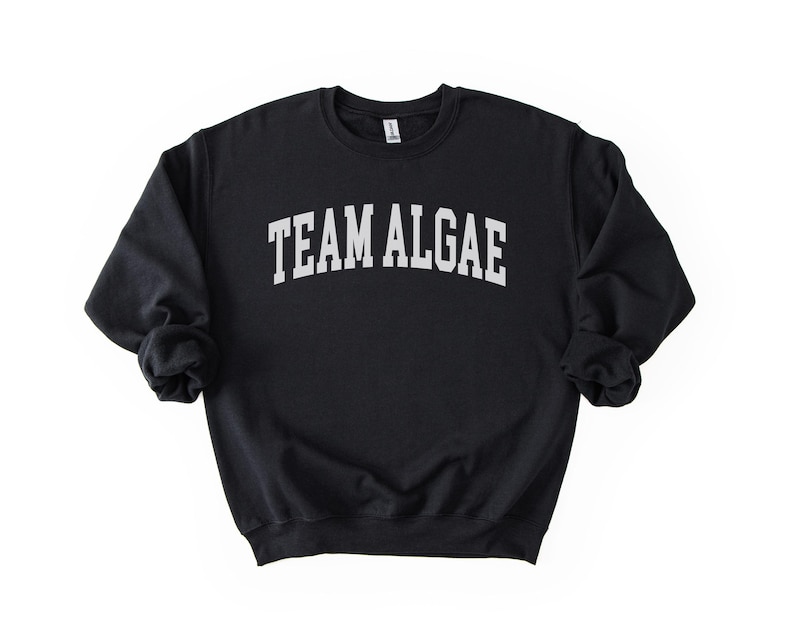 May include: A black crewneck sweatshirt featuring the text "TEAM ALGAE" printed in a white, arched, collegiate-style font across the chest. The garment has long sleeves with ribbed cuffs and a ribbed hem, providing a standard fit and silhouette.