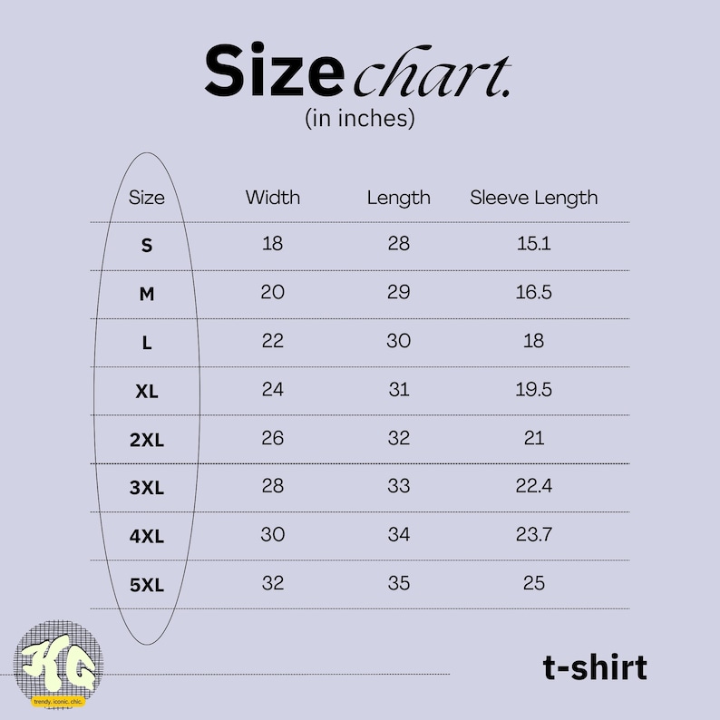May include: A t-shirt size chart with measurements in inches. The chart displays sizes S to 5XL, showing width, length, and sleeve length for each. The text "Size chart" is at the top.