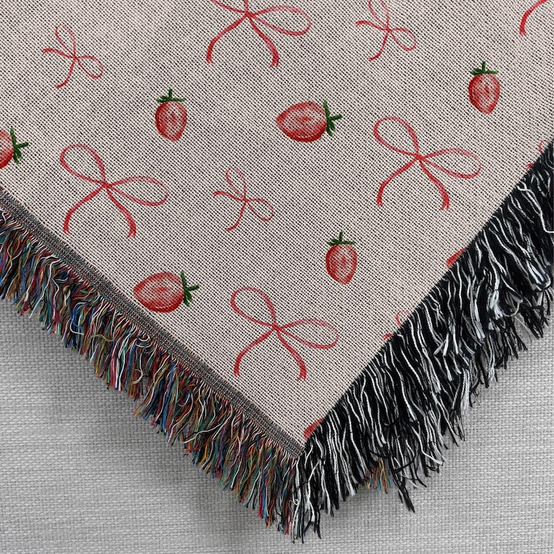 Coquette Throw Blanket, Strawberry Whimsical Grandma Woven Blanket, Strawberry Girl Blanket For Sofa, Preppy Cute Picnic Blanket
