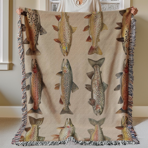 Lake House Woven Blanket, Rainbow Trout, Great Lakes Trout Fishing Gift, Fly Fishing Gift For Fishermen, Cabin Gift, Gift for Dad or Husband