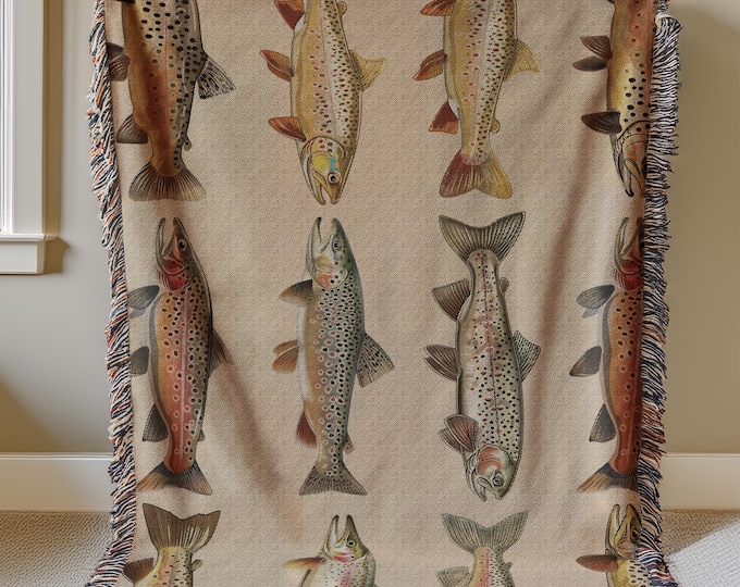 Lake House Woven Blanket, Rainbow Trout, Great Lakes Trout Fishing Gift, Fly Fishing Gift For Fishermen, Cabin Gift, Gift for Dad or Husband