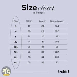 May include: Size chart for t-shirts in inches. The chart shows sizes S through 5XL with corresponding width, length, and sleeve length measurements.