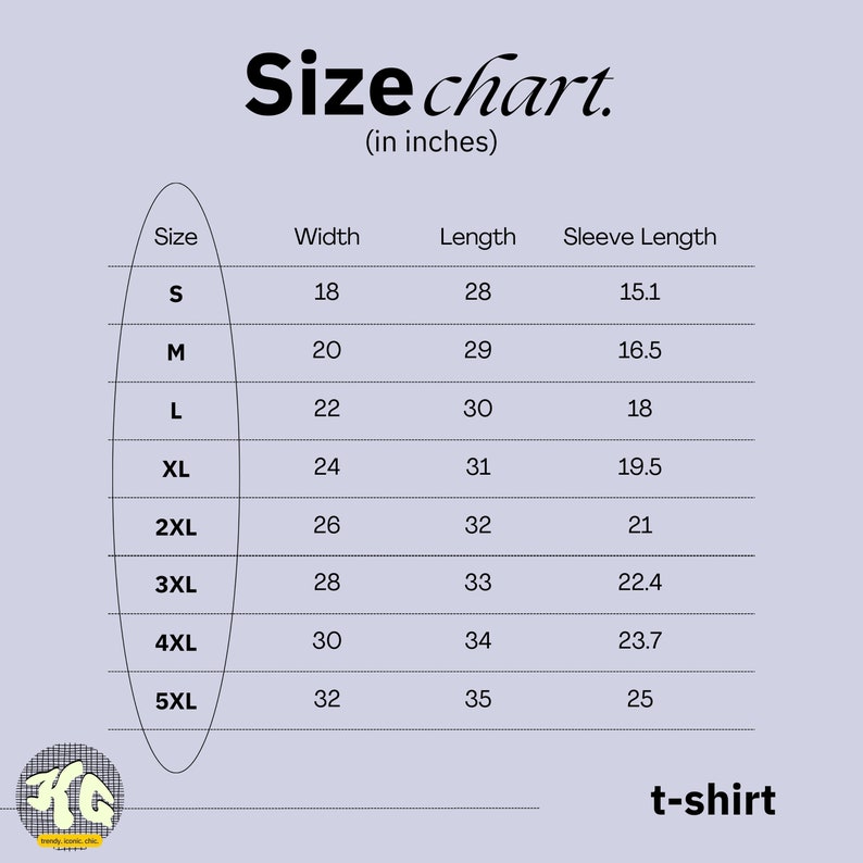 May include: Size chart for t-shirts in inches. The chart shows sizes S through 5XL with corresponding width, length, and sleeve length measurements.