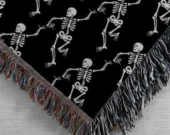 Skeleton Woven Blanket, Spooky Season Throw, Halloween Home Decor, Cozy Witchy Blanket, Dancing Skeletons, Whimsigoth Gift, Dark Academia
