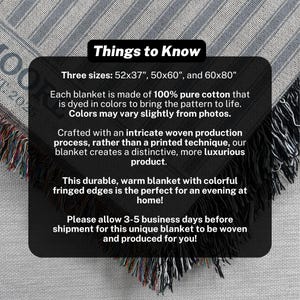 May include: Woven cotton blanket with fringed edges. Available in three sizes: 52x37 inches, 50x60 inches, and 60x80 inches. The blanket is dyed in colors and crafted with an intricate woven production process.