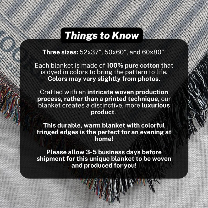 May include: Woven cotton blanket with fringed edges. Available in three sizes: 52x37 inches, 50x60 inches, and 60x80 inches. The blanket is dyed in colors and crafted with an intricate woven production process.