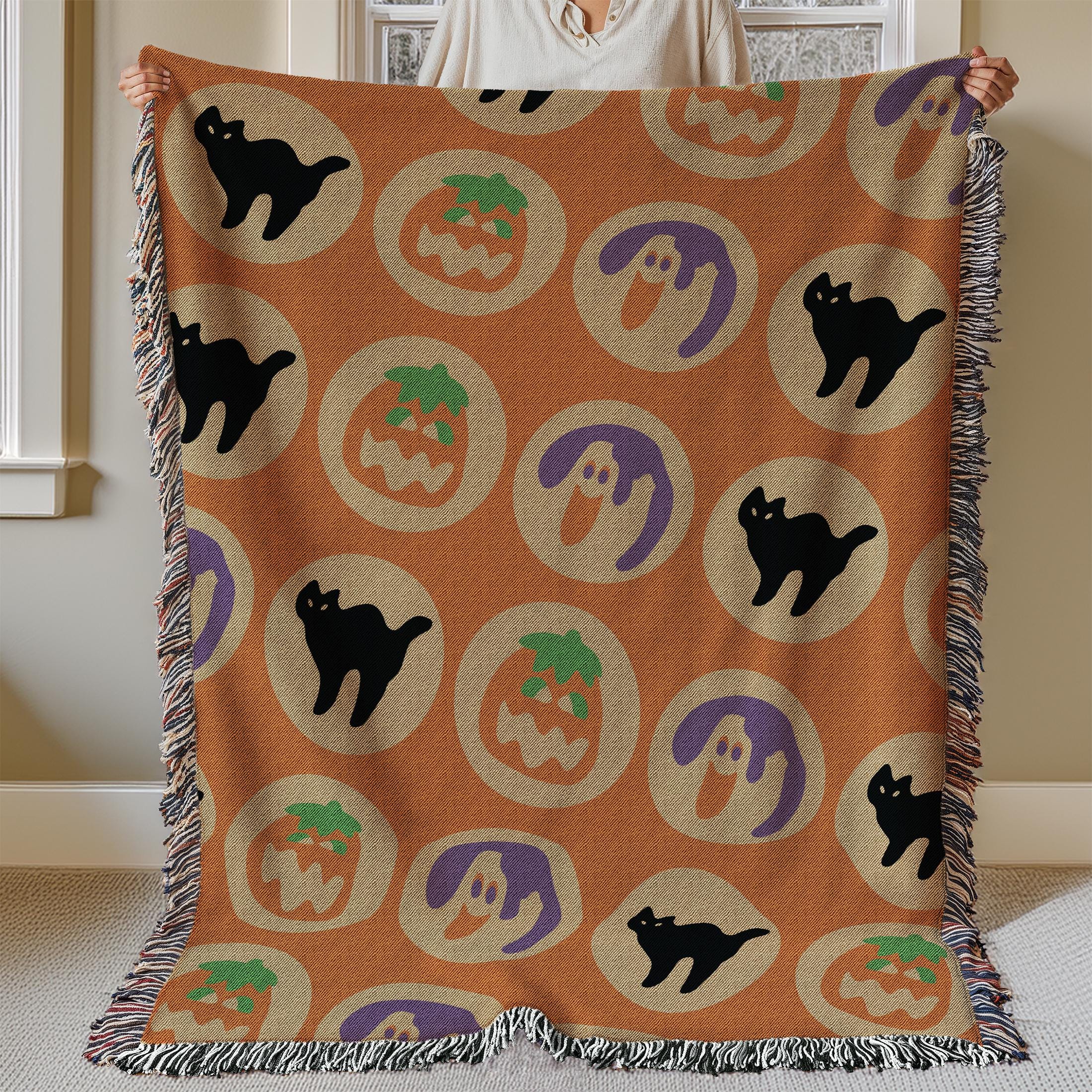 Ghost & Pumpkin Sugar Cookie Throw Blanket, Halloween Woven Blanket, Retro 90s Y2K Halloween Decor, Cozy Couch or Reading Nook Blanket, Warm