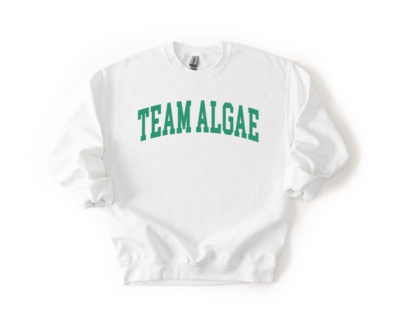 May include: A white crewneck sweatshirt featuring the text "TEAM ALGAE" printed in a bold, arched green font across the chest. The garment has long sleeves with ribbed cuffs and a ribbed hem, constructed from a solid white fabric material.