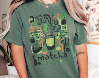 Camisa unisex de matcha, colores cómodos para amantes del té, regalo para amantes del matcha latte, amantes de la comida, tazón de matcha, entusiastas del café, MCM abstracto retro