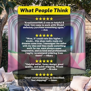 May include: A rectangular tapestry featuring the text What People Think at the top, followed by four five-star reviews from customers named Ava, Hilary, Brooke, and Jason. The background displays a colorful, arched graphic design with pink accents.