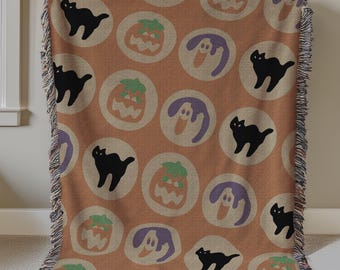 Ghost & Pumpkin Sugar Cookie Throw Blanket, Halloween Woven Blanket, Retro 90s Y2K Halloween Decor, Cozy Couch or Reading Nook Blanket, Warm