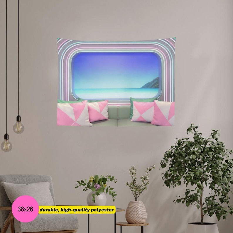 May include: A rectangular wall tapestry featuring a retro-style arched window frame with concentric stripes in shades of gray, white, and purple, framing a view of a calm blue ocean and sky, with four pink and white geometric patterned pillows.