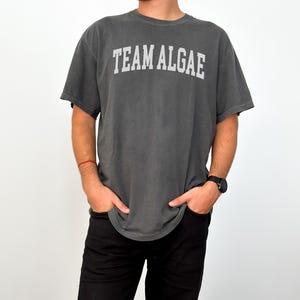 May include: A charcoal grey short-sleeve t-shirt featuring the text "TEAM ALGAE" printed in a light grey, arched collegiate-style font across the chest. The garment has a crew neckline and a relaxed fit, paired with solid black trousers.