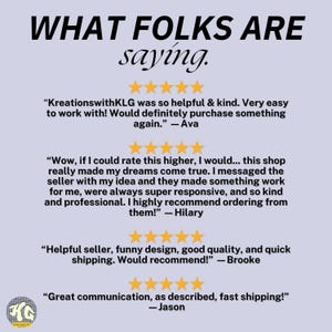 May include: A light purple graphic with the text "WHAT FOLKS ARE saying." Below are customer reviews with five-star ratings. The reviews praise the seller's helpfulness, design, quality, and communication.