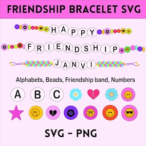 May include: A digital graphic featuring friendship bracelet designs. The image includes beaded bracelets spelling "HAPPY", "FRIENDSHIP", and "JANVI". Additional elements include alphabet letters, smiley faces, and floral designs. The text "FRIENDSHIP BRACELET SVG" and "SVG - PNG" are also present.