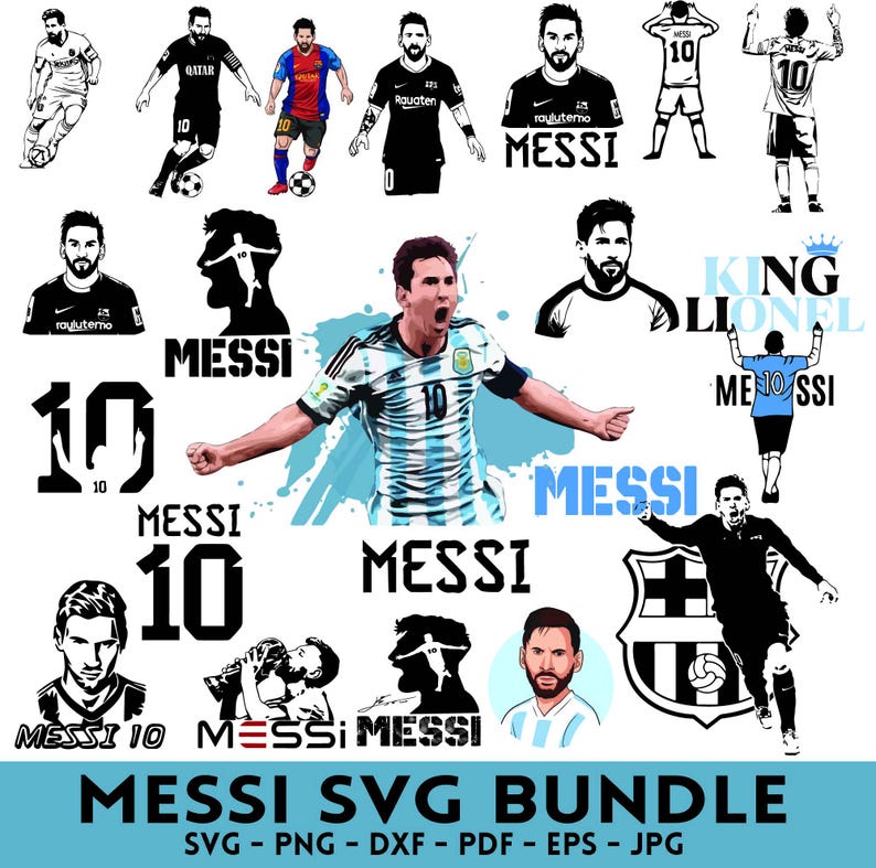 May include: A collection of black and white and color illustrations of Lionel Messi in various poses, including action shots and portraits. The text "MESSI SVG BUNDLE" is at the bottom, with file type options.