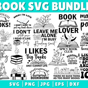 May include: A black and white digital download bundle of 12 book-themed SVG designs. The designs feature various book-related quotes and illustrations, such as "Not Enough Books!" and "Leave Me Alone I'm Busy Reading Smut".
