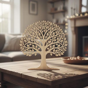 May include: A wooden tree sculpture with a detailed leaf design. The tree is light brown and stands on a wooden table. The sculpture is a decorative item, perfect for home decor.
