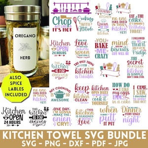 May include: A set of 20 kitchen towel SVG designs featuring various kitchen-themed quotes and sayings. The designs are in a variety of colors and fonts, and include phrases like "Kitchen Open 24 Hours", "This Kitchen is for Dancing", and "Keep this Kitchen Clean".