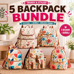 Könnte beinhalten: Ein Bündel aus fünf Rucksäcken mit verschiedenen Blumenmustern und einem geometrischen Druck. Der Text lautet: TRENDY & STYLISH 5 BACKPACK BUNDLE, 5 STYLES 1 BUNDLE ENDLESS CHARM und 5 DESIGNS 1 BUNDLE. Die Taschen haben Reißverschlüsse, Riemen und Taschen.