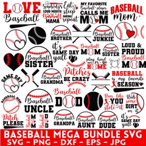 Puede incluir: Una colección de gráficos SVG con temática de béisbol en rojo, negro y blanco. Los diseños incluyen pelotas de béisbol, bates, corazones y frases como "Baseball Mom" y "Pitches". También está presente el texto "BASEBALL MEGA BUNDLE SVG".