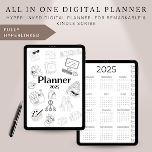 May include: A digital planner for 2025 featuring a black and white illustration of a planner with various icons and a calendar view of the year. The text "Planner 2025" is visible on the planner.