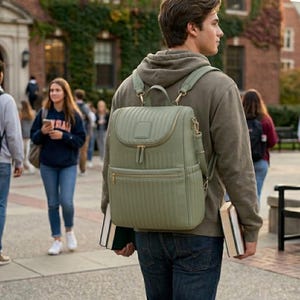 May include: A sage green backpack with vertical stitched detailing and gold-colored zippers and hardware. The bag has a top handle and adjustable shoulder straps. The person is carrying books and walking on a paved walkway.