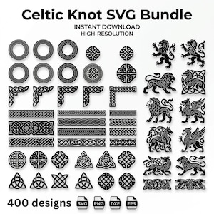 May include: A collection of black Celtic knot designs in various shapes, including circles, corners, borders, and animal illustrations. The text "Celtic Knot SVG Bundle" and "400 designs" are displayed. The image also includes file type icons.