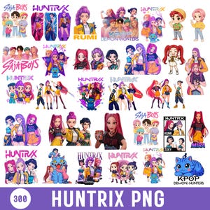 Puede incluir: Una colección de ilustraciones digitales coloridas con personajes y grupos temáticos de K-pop. Las imágenes incluyen varias poses y estilos, con superposiciones de texto como "SAJA BOYS", "HUNTRIX" y "KPOP DEMON HUNTERS". El tema general es vibrante y juvenil.
