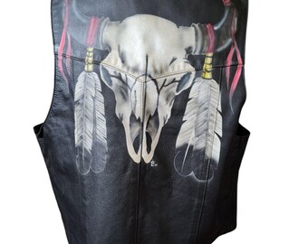 Vintage 1990s Leather Biker Vest with Hand-Painted Skull and Feathers