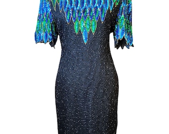 Vintage STENAY Made-in-India 100% Silk Beaded Cocktail Dress – Dazzling Peacock Glam