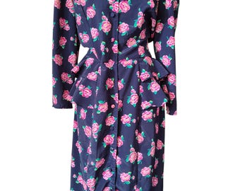 1980s Jonathan Martin Navy Floral Peplum Midi Dress | Pink Roses Cottagecore Retro