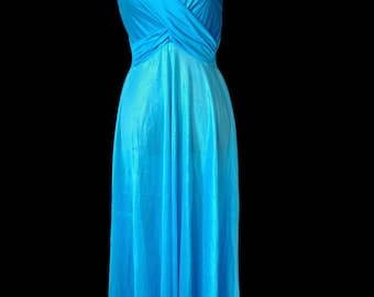 Vintage Olga Maxi Nightgown | Aqua Blue Criss Cross Nylon Tricot Gown USA Made