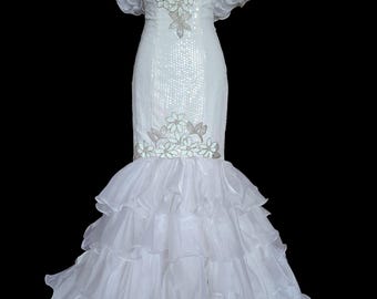 Vintage 1980s Alyce Mermaid Wedding Dress: Sequined, Beaded, Off-Shoulder Bridal Gown (XS)