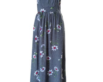 90s Pellini Pinafore Dress – Navy Floral Windowpane Maxi