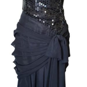 Vintage Caché Black Sequin Evening Gown 80s 90s Prom Dress Asymmetrical High Low Mermaid Formal Dress Made in USA Draped Bow Glam Gown