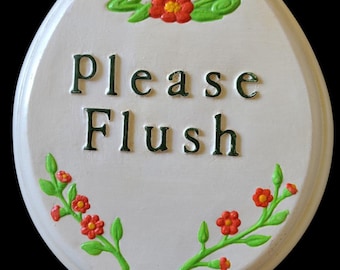 Vintage Chalkware Toilet Seat Plaque, 1950s-60s Bathroom Decor, Please Flush Wall Hanging