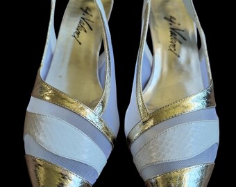 Vintage AJ Valenci Gold Metallic Slingback Pumps | 1980s 1990s Pointed Toe Mesh Heels | Cream Reptile Print Evening Shoes | Retro Glam