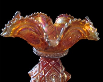 Antique Imperial Carnival Glass Punch Bowl & Stand, Marigold Fashion Hobstar Arches Pattern, Circa 1910s Vintage Glass Centerpuece