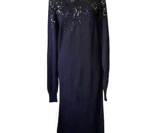 Vintage Darian Beaded Maxi Sweater Dress | 80s Glam | Black Iridescent Sequin Bodice