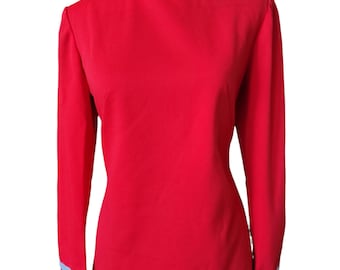 Vintage 1960s–1970s Red Pullover Top | High Neck White Trim | Mod Retro Polyester
